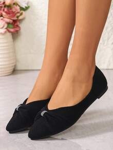 Zapatos de ballet con punta puntiaguda, adornados con un lazo de cristales, de bajo empeine, adecuados para primavera y otoño, tallas grandes para mujer - Negro - Ver 2