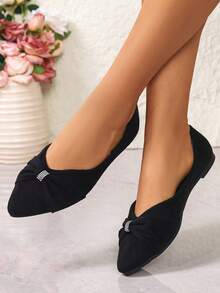 Zapatos de ballet con punta puntiaguda, adornados con un lazo de cristales, de bajo empeine, adecuados para primavera y otoño, tallas grandes para mujer - Negro - Ver 5