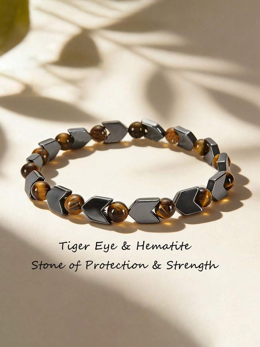 虎眼石和赤铁矿箭头男士手链，寓意保护、提升清晰度、增强接地能量，男女皆宜，波西米亚风箭头简约腕带 - 彩色 - 查看 1