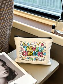 時尚女款彩色「Travel Charger」字母圖案化妝包，化妝品收納袋，數據線收納袋，大容量零錢包，春夏旅行配件，度假拉鍊收納袋。適用於度假、辦公室、購物、酒店、返校禮物、生日禮物、旅行配件、母親節禮物、婚禮配件 - 彩色 - 查看 10