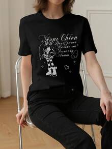 2026夏季新款女式圆领休闲宽松动漫印花Y2K街头风百搭甜美学院风短袖T恤，1件装 - 黑色 - 查看 3