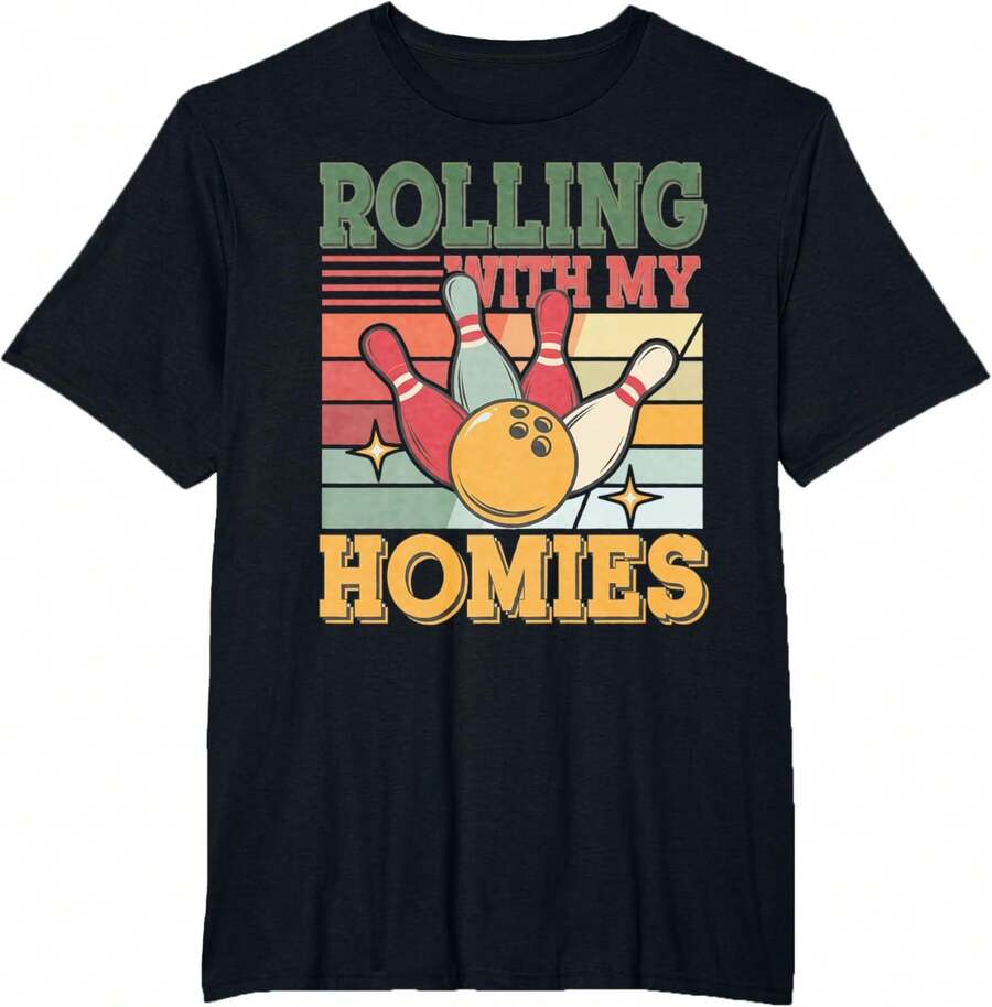 Rolling With My Homies Bowling Graphic Tee - Funny Bowler T-Shirt - 黑色 - 查看 1