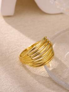 1 件装时尚多层线条宽戒指，女士金色不锈钢几何戒指，生日派对母亲节礼物 - 銀色 - 查看 6