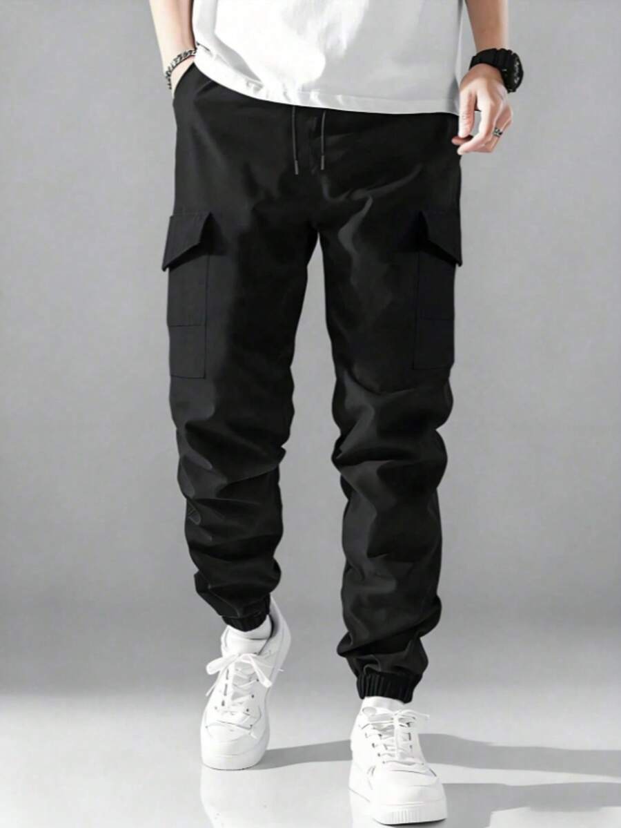 Tween Boy's Fashionable Drawstring Waist Cargo Pants, Casual Simple Style One Piece, Leisure Commute, Back-To-School Season And Campus Style Tapered Pants - Black - View 1