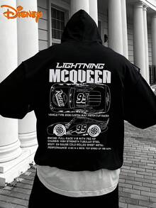 Disney Men's Casual Hoodie, Lightning McQueen Technical Sketch Print, Mechanical Racing Design, Relaxed Fit, Ideal For Car Fans & Daily Streetwear - 黑色 - 查看 1