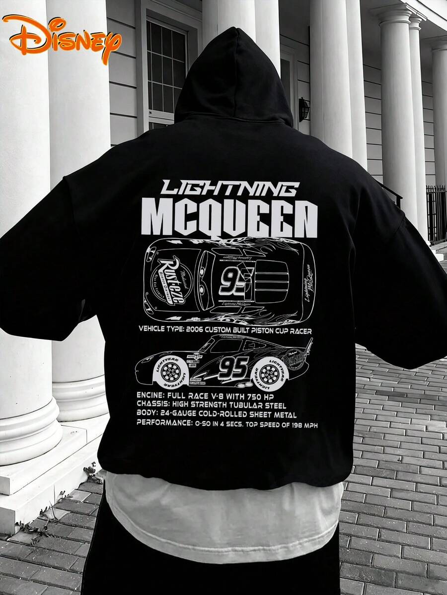 Disney Men's Casual Hoodie, Lightning McQueen Technical Sketch Print, Mechanical Racing Design, Relaxed Fit, Ideal For Car Fans & Daily Streetwear - 黑色 - 查看 1