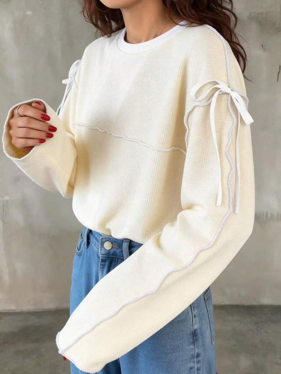 Sudadera de talla grande con diseño de moño de unicolor y contraste de color para primavera - Albaricoque - Ver 1