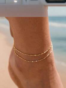 1pc Stainless Steel Double-Layered Stacked Anklet, Bohemian Beach Style Foot Chain, Ideal Gift For Women Valentine's Day Accessories - Gold - View 4