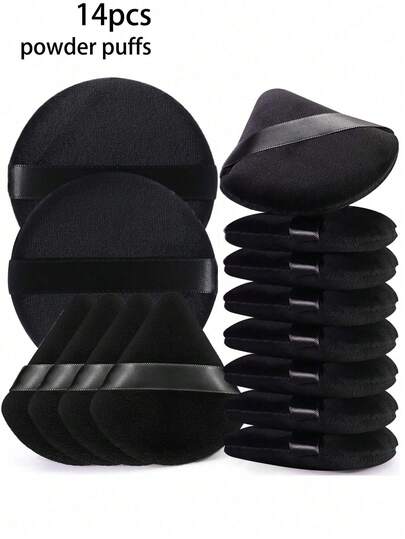 14-Piece Powder Puff Set Includes 12 Triangular Puffs + 2 Round Puffs For Setting Loose Powder-Soft, Skin-Friendly, And Portable With Complete Storage Solution