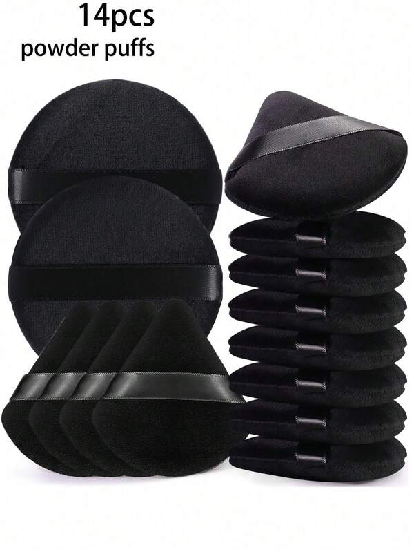 14-delat puderpuffset innehåller 12 triangulära puffar + 2 runda puffar för att fixera löst puder - mjukt, hudvänligt och bärbart med komplett förvaringslösning