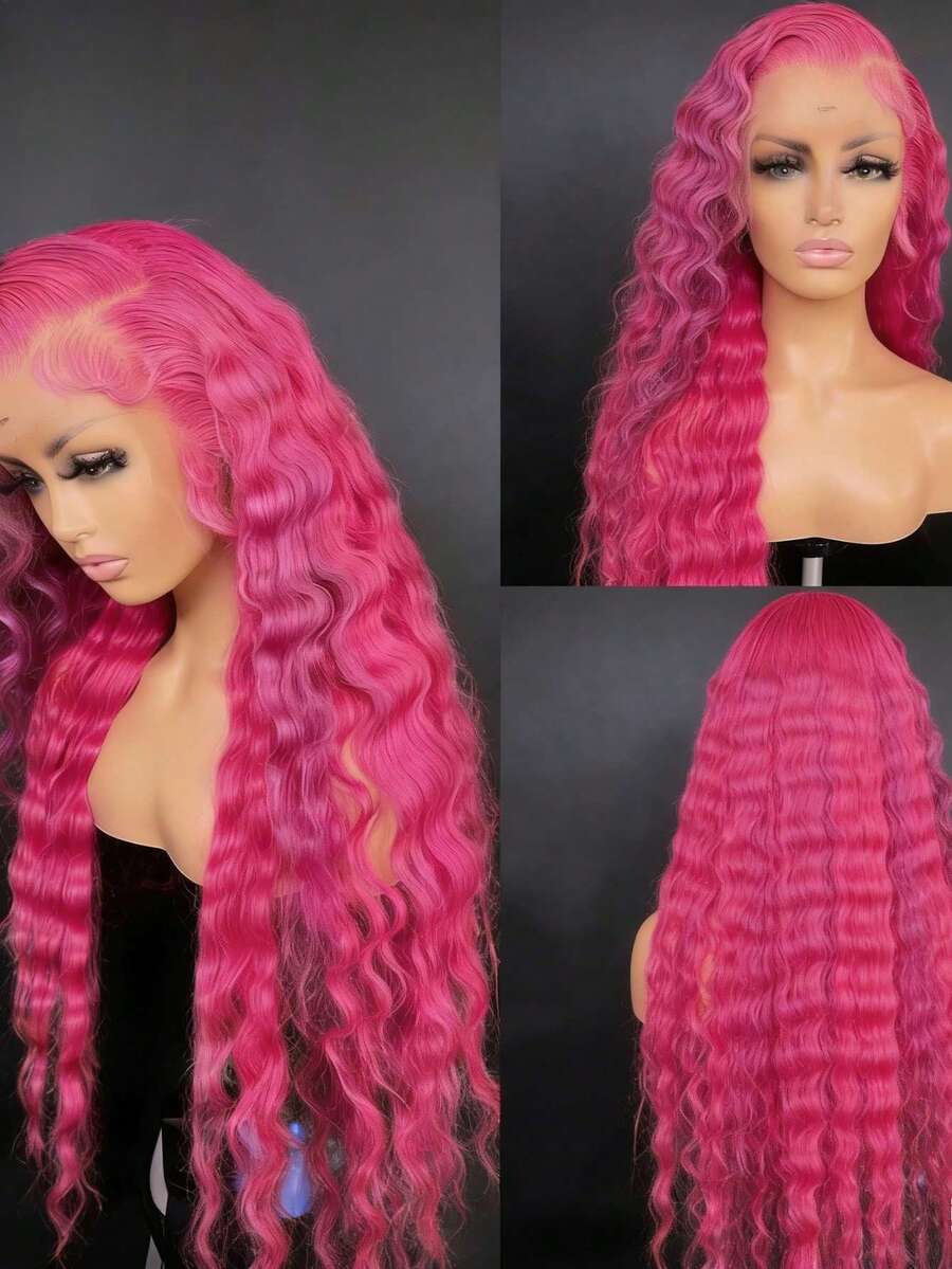 Dragon Fruit Colored High Quality Deep Wave Glueless Wigs Human Hair With Baby Hair 13x4 HD Transparent Lace Front Wigs Human Hair Free Parting 200 Density Fluorescent Powder Deep Curly Lace Frontal Wig For Women Suitable For Everyone - hồng - Xem 1