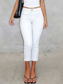 Light Wash Distressed 7/8 Length Skinny Jeans, Stretchy Pencil Pants For Casual Everyday & Commute White Summer - White - View 3