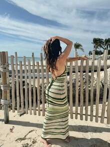 性感镂空无袖修身针织吊带背心，条纹女士沙滩裙，夏季连衣裙，情人节女士服装，优雅派对礼服，婚礼派对礼服，女士春季假日服装 - 綠色 - 查看 2