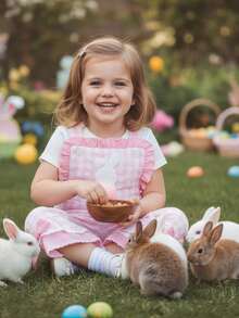 Monos para niñas, bonitos pantalones acampanados con lazos de conejo a cuadros, ropa de Pascua para uso diario informal. - Rosa - Ver 5