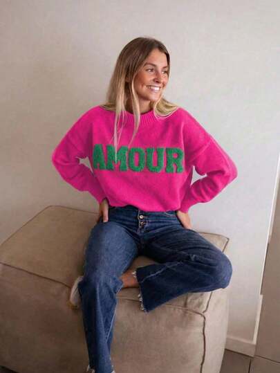 Plus Size Women's Knitted Long-Sleeved Round Neck Pullover, Letter Pattern Regular Style, Medium Elastic Knitted Top, Classic Casual Style, Suitable For Daily Home Commuting Sweater Autumn And Winter Women's Clothing