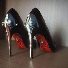 Metal Staff High Heels Thin Heels Comfortable Genuine Leather Printed Red Sole Pointed Toe Women's Shoes  High-End Patent Leather Single Shoes For Women - 黑色10公分金色扣 - 查看 6
