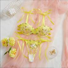 Women'S Sexy Lingerie Set With Double-Color Embroidered Lace Trim, Exotic And Very Sexy Underwear, Adult Novelty Wear, Mature Style, Random Print Pattern, Hollow Details, Lingerie Sets For Women, Lingerie Set With Garter, Exotic Bra, Purple Lingerie Set, Purple Lingerie - 黃色 - 查看 5