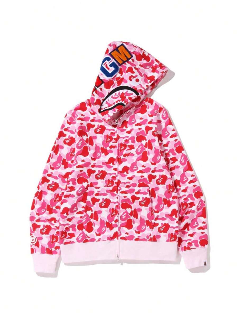 Bape A BATHING APE Shark Series Color Block Camouflage Zip-Up Hooded Sweatshirt For Men - 粉色 - 查看 1