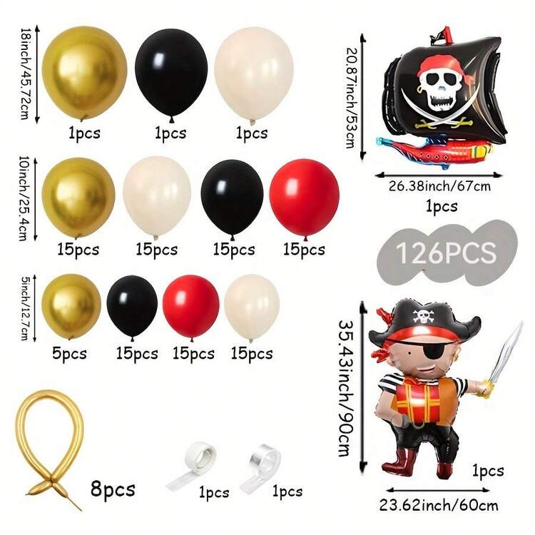 126 piezas Conjunto de guirnalda de globos con tema de piratas, incluye globos rojos, negros, dorados, beige y blancos con globos de barco pirata de lámina. Adecuado para baile de máscaras, fiesta de cumpleaños, decoración con tema de piratas, despedida de soltero, baby shower y decoración de fiesta de cumpleaños de niño. - Añade 3