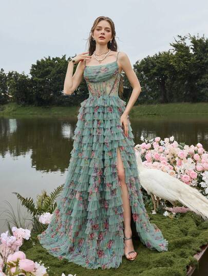 Faeriesty Elegant Women's Thin-Strap Floral Printed Sheer Mesh Maxi Party Gown,Floral Printed Sheer Mesh Fabric With Chest Ruched Detailing , Perfect For Spring Weddings, Garden Parties, Outdoor Woodland Celebrations, Romantic Dinners