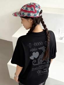 2026 Summer New Women's Round Neck Casual Loose Visual Design Pixel Style Double-Sided Puppy Print Street Versatile College Student Short Sleeve T-Shirt, 1 Piece - Black - View 2