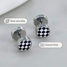 1 Pair Men's Stainless Steel Black & White Checkered Screw Earrings - Multicolor - View 5