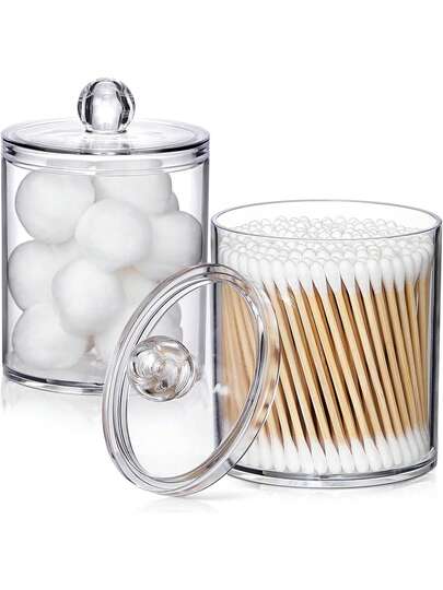 1 Pack Acrylic Qtip Holder Dispenser For Cotton Swabs, Balls, Pads, Floss Picks- Small Clear Plastic Canister Apothecary Jar Set, Bathroom Essentials Accessories Decor, Vanity Makeup Storage Organizer
