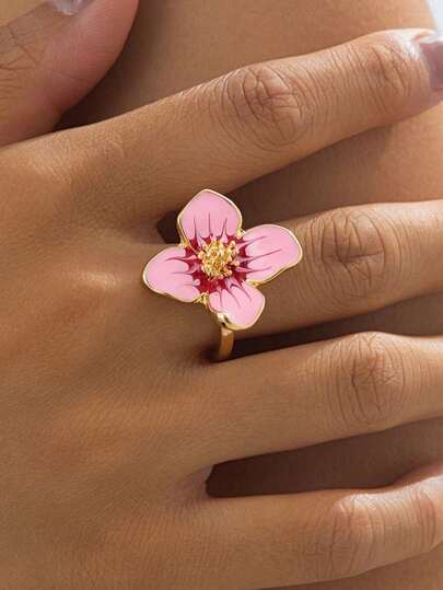 1件优雅简约时尚百搭韩式手工扎染粉色四瓣花戒指，女士生日礼物