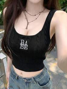 2026春夏女式黑色罗纹吊带背心 - 休闲甜美“BABE”刺绣宽肩带修身无袖上衣，适合日常、约会、聚会等场合。 - 黑色 - 查看 7