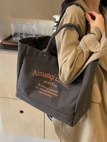 Casual Minimalist Letter Pattern Canvas Tote Bag For Women - Dark Grey - View 3