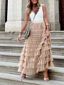 New Arrival French Style Long Skirt For Women, Elegant Solid Color High Waist Mesh Tulle Puff Skirt - Faldas Elegantes Para Mujer - Vacation Outfits Women - Skirts For Women 2026 - Womens Long Maxi Tulle Skirt A Line Ruffle Mesh High Waisted Tiered Layered Skirts Petticoat - 卡其色 - 查看 4
