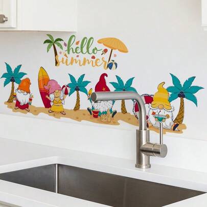 Beach Gnomes Featuring Summer Items Such As Beach Castle, Cold Drink, Skateboard, And Beach Ball Beneath Palm Trees, Accompanied By The Text 'hello Summer'. These Are Wall Decals Made Of Removable PVC, Ideal For Decorating Living Rooms