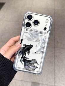 黑白锦鲤图案卡槽防震手机壳，适用于苹果17/16/14 Pro Max、新款13、15、Ins Style 12/12 Pro、11、15 Pro Max、16 - 無色 - 查看 4