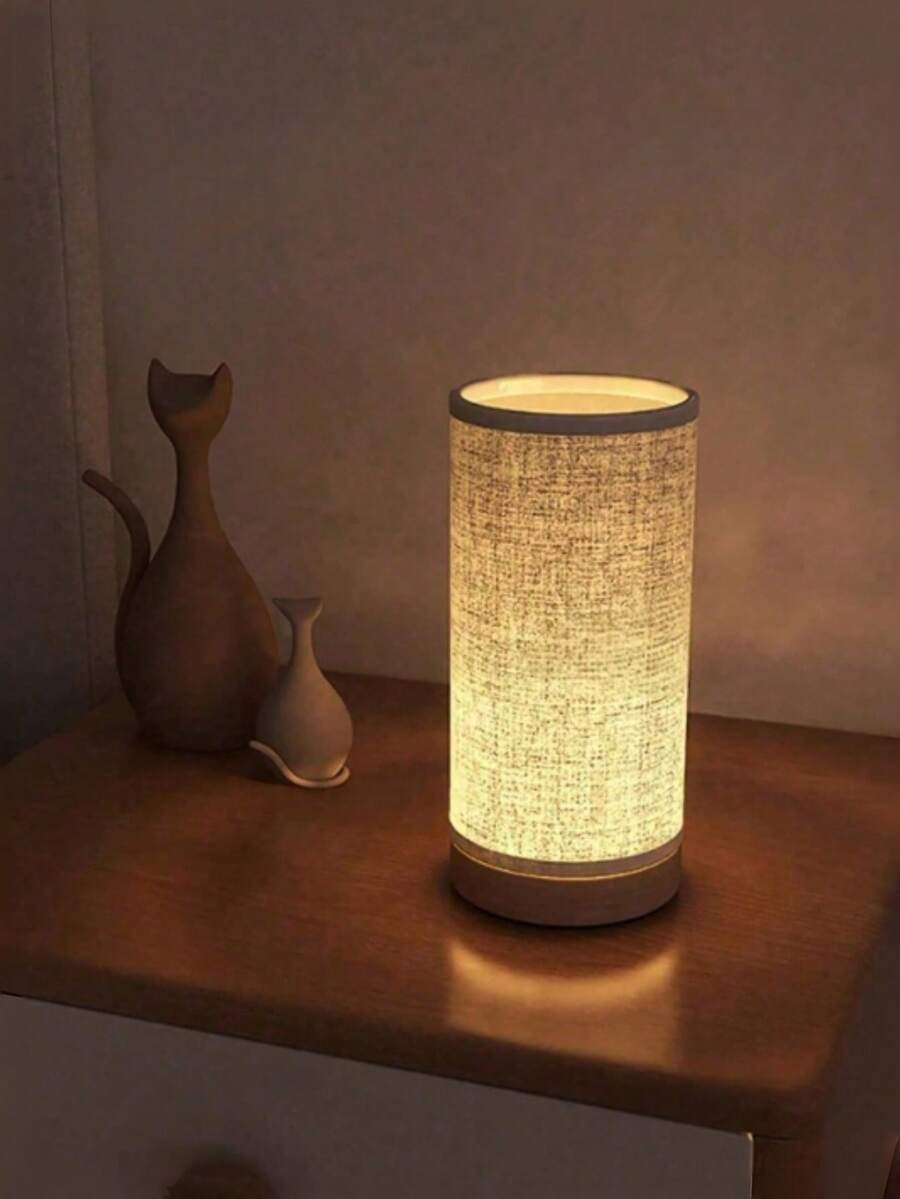 1pc Vintage Fabric Night Light, Warm Light With Wooden Base, Creative Cozy Romantic LED Desk Lamp For Bedroom, Bedside, Living Room - one-size - View 1