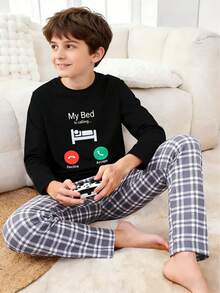 两件套男童格子睡衣套装，圆领长袖趣味字母印花上衣搭配格子印花长裤，休闲家居服套装，适合春、秋、冬日常穿着，也可作为儿童礼物。 - 黑色 - 查看 3