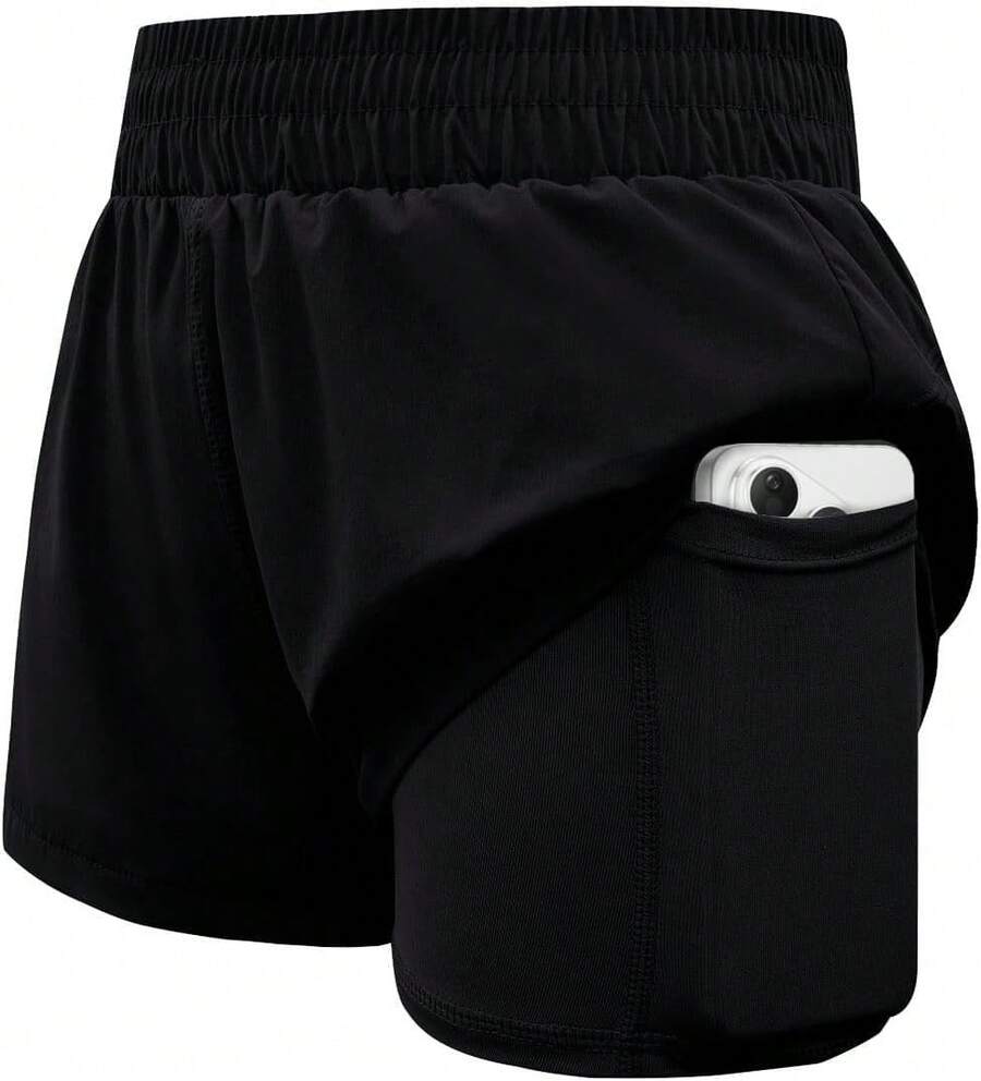 Girls Athletic Shorts Elastic High Waist 2 In 1 Shorts With Side Pockets Running Workout Sports For Teen Kids - màu đen - Xem 1