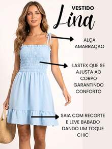 Short Dress With Elasticated Straps And Tie Closure, Ruffled Dress, Casual, Gathered Fabric, Tie Closure, Evening Dresses. - Baby Blue - View 2