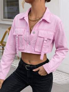 Áo khoác denim hồng dáng ngắn cho nữ, cổ bẻ, tay dài, điểm nhấn là cúc vàng, chất liệu không co giãn, dáng ngắn, thích hợp mặc ngoài vào mùa xuân. - Hồng - Xem 4