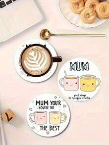 6pcs Wooden Round Coasters, Mother's Day Design "Mom, You're The Best" With Smiling Coffee Cup And Heart Pattern, 10cm Diameter, Heat-Resistant, Perfect Mother's Day Gift For Mom - Multicolor - View 3