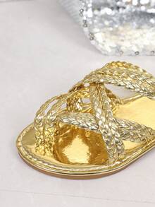 1双夏季时尚软底透气不疲劳户外金色编织人字拖 - 金色 - 查看 10