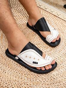 Men's Flat Comfortable Arabic Embroidered Slippers, Middle Eastern Style Sandals - White Black - View 2