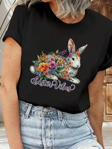 Camiseta De Manga Corta Para Mujer Con Estampado De Huevos De Pascua Y Pollitos - Blusa Casual De Cuello Redondo Para Primavera Verano Para Atuendo Casual, Top De Manga Corta Lavable A Máquina - En Stock (corte Regular) 670223 - [Negro] - Ver 4