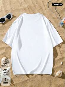 簡約百搭夏季女士圓領短袖T卹，街頭風尚，趣味印花，輕鬆度假風格，2026 春夏女士新品：春夏 T 卹、白色上衣、春夏女士服裝、印花 T 卹、印花上衣、棉質上衣、高品質 T 卹、復古風、學院風、可愛風、都市風、Z 世代風格、千禧世代風格、Y2K風格、龐克風、做舊風、極簡風、簡約風、休閒風、日常風、度假風、趣味印花圖案 - 白色 - 查看 5