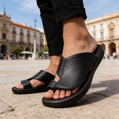 Men's Slippers, Black Minimalist Design Rubber Sole Sandals Slippers, Casual Style Summer Black Flat Sandals Slippers