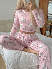 Sanrio 2pcs Hello Kitty Women's Round Neck Short Printed Long Sleeve Top + Elastic Waist Pants Cute Pajama Set - Pink - View 2