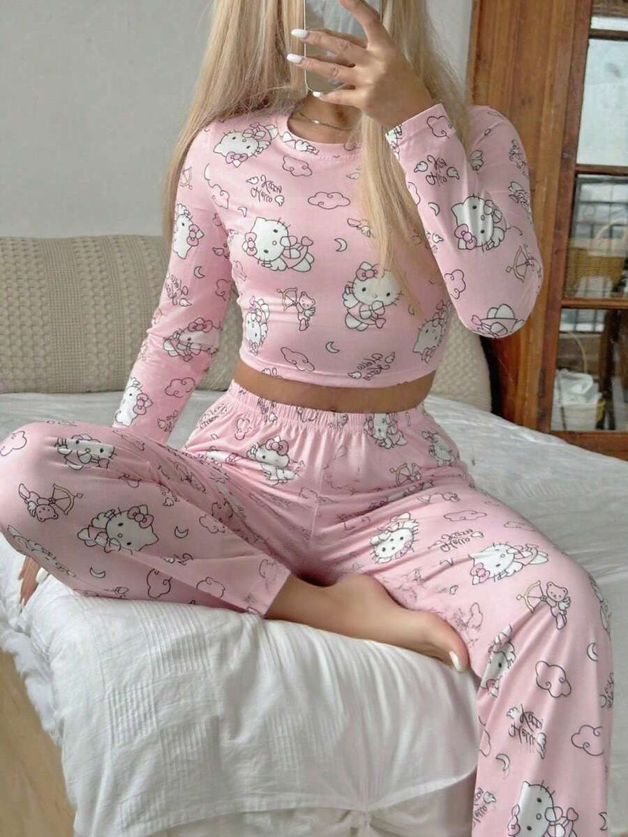 Sanrio 2pcs Hello Kitty Women's Round Neck Short Printed Long Sleeve Top + Elastic Waist Pants Cute Pajama Set