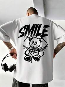 男士圆领短袖字母印花休闲T恤 - 白色 - 查看 2