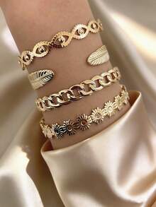 眼睛、花朵、叶子链条叠层女士金手镯套装 - 金黃色 - 查看 1