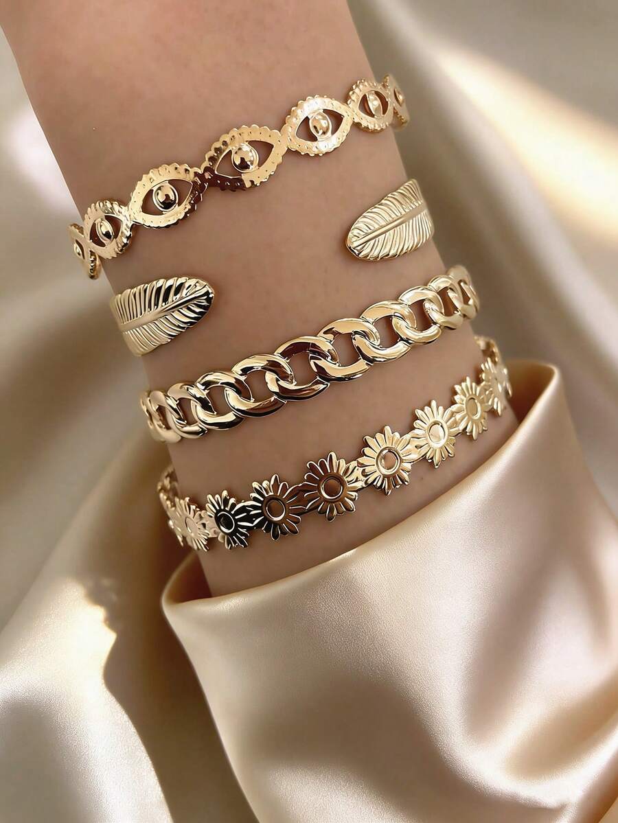 眼睛、花朵、叶子链条叠层女士金手镯套装 - 金黃色 - 查看 1