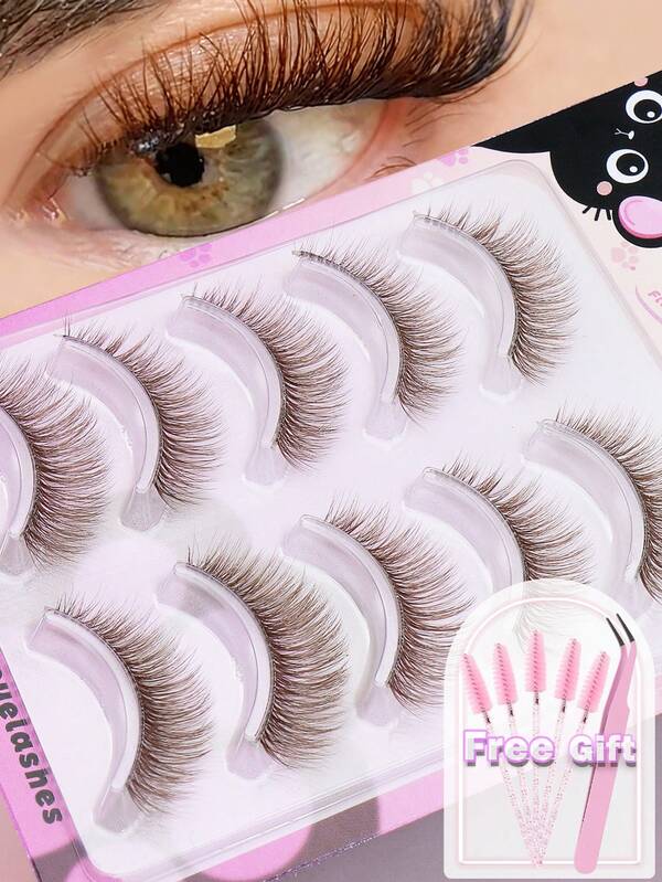 5对棕色纤细自然透明睫毛底假睫毛，春季新款，打造女团偶像妆容，自然逼真，蓬松柔软的3D貂毛假睫毛，纤长丝滑，适合日常工作会议，佩戴舒适，手工制作，纤长浓密，深受韩国、日本和欧洲女孩喜爱。赠送睫毛镊子和睫毛刷。